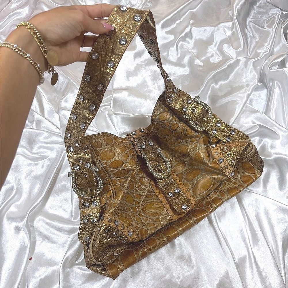 y2k Hobo Bag Gold Good Charm and Luck Rhinestone Buckle Croc Leather Bag